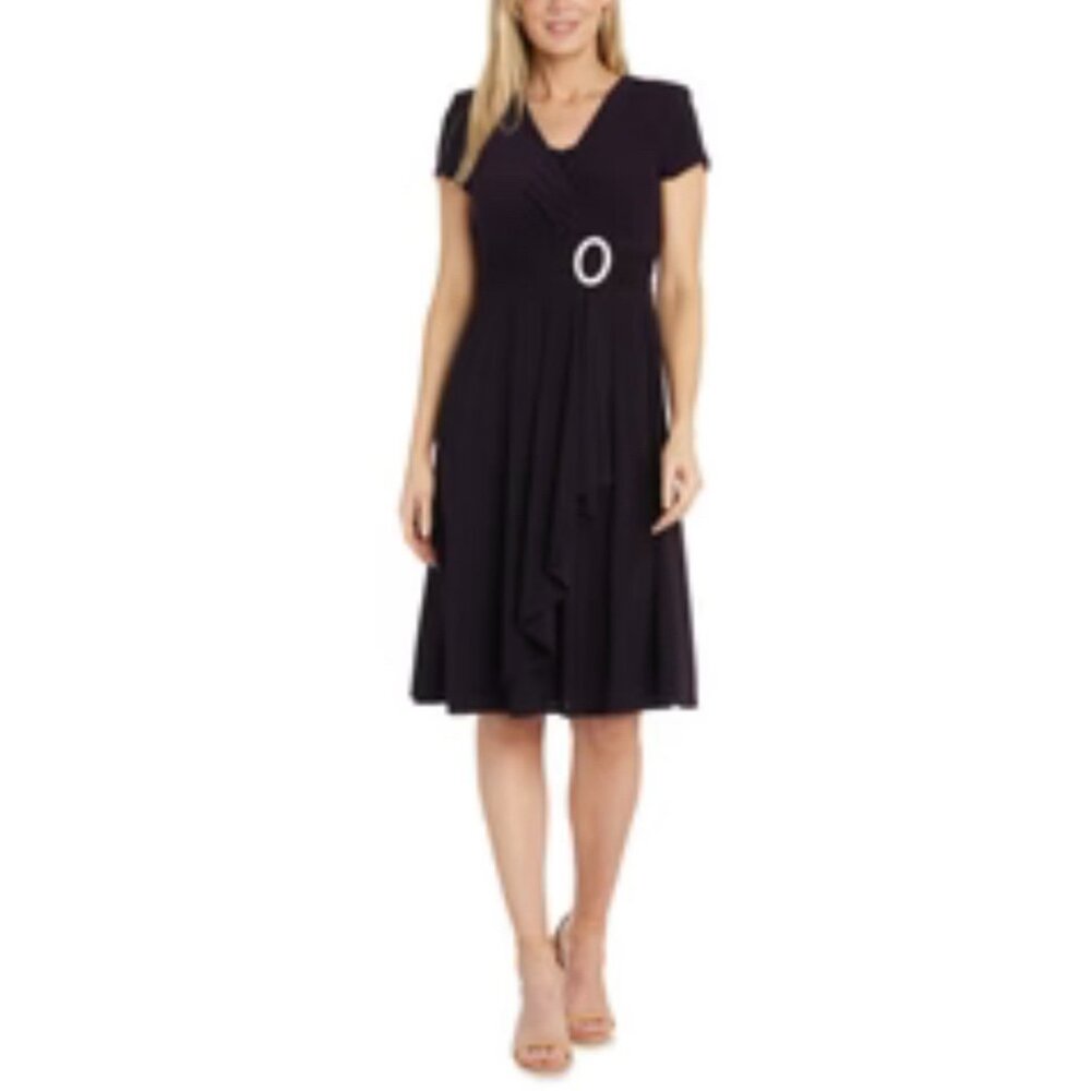 R&M Richards Black Dress 14 Short Sleeve Crystal A Line Stretch Cruise Party NEW